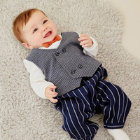 戴维贝拉童装初生婴儿衣服新生儿连体衣男宝宝服装秋季哈衣davebella婴童秋装绅士爬爬服 藏青色 90cm(建议身高80-90cm)