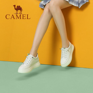 骆驼（CAMEL）女鞋 日系清新舒适车缝线圆头系带厚底小白鞋 A03523666 白/绿 38
