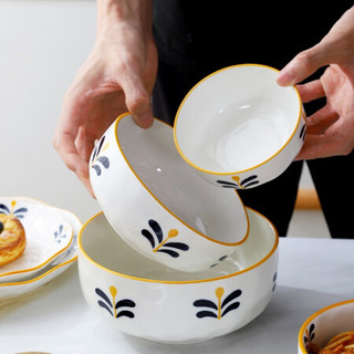 竹木本记 日式陶瓷碗釉下彩带手柄烤碗沙拉碗粥碗家用餐具 6英寸面碗