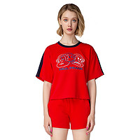 女士运动T恤春夏新款短袖圆领宽时尚宽松女款运动上衣 M 红色