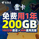  中国电信200G大流量不限速+6GB全国通用4G电话卡　