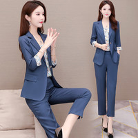 小西服休闲套装女秋季2020新款韩版显瘦气质碎花吊带直筒裤三件套