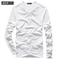 吉普JEEP T恤男长袖2020春秋休闲V领套头男士上衣体恤 RSC6636 白色 XL