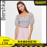 Bershka女士 2020秋装泡泡袖方领垂褶格子短款罩衫 05914594250
