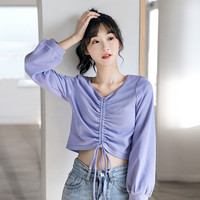 短款上衣女设计感百搭长袖t恤女秋季2020年新款抽绳紫色ins超火潮