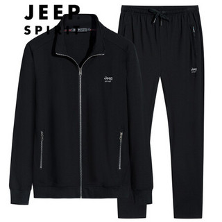Jeep 吉普 卫衣卫裤男套装2020秋立领开衫运动中青年男士休闲两件套 CX2018-19TZ 黑色 3XL