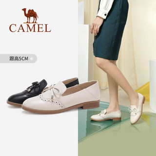 骆驼（CAMEL） 女士 俏皮蝴蝶结浅口低跟英伦布洛克单鞋 A015046258 黑色 35