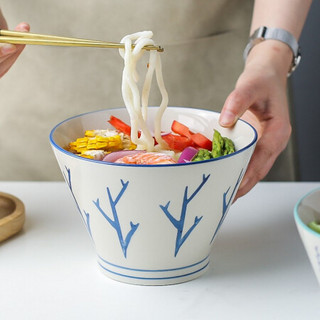 川岛屋日式陶瓷碗单个装小饭碗水果沙拉碗创意个性家用大汤碗面碗高脚斗笠碗 米饭碗(网格)