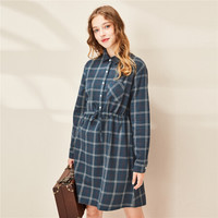 佐丹奴（Giordano） 连衣裙 裙法兰绒棉质束腰衬衫连衣裙05460730  02蓝/卡其/棕 加大码