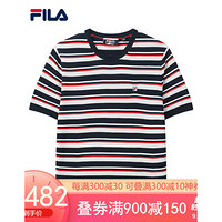 FILA（斐乐）官方女子编织衫2020秋季新款短袖时尚舒适针织上衣条纹T 传奇蓝-NV 180/96A/XXL