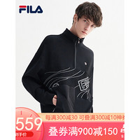 FILA 斐乐官方男子长袖T恤2020秋季新款简约宽松印花立领拉链男装 正黑色-BK 170/92A/M