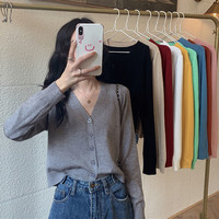 2020新款韩版V领开衫外搭短款上衣百搭纯色薄款长袖针织衫女装