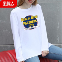 南极人 女士长袖T恤女春秋长袖圆领精梳棉套头汗衫 宽松潮流印花打底衫 白色 手牵手2XL