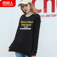 南极人 女士长袖T恤女春秋长袖圆领精梳棉套头汗衫 宽松潮流印花打底衫 黑色 手牵手XL