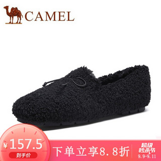 骆驼（CAMEL）女鞋 休闲舒适蝴蝶结羊毛卷保暖浅口平底毛毛鞋 A042266259 黑色 35