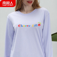南极人 女士长袖T恤女春秋长袖圆领精梳棉套头汗衫 宽松潮流印花打底衫 浅紫 小樱桃M