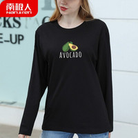 南极人 女士长袖T恤女春秋长袖圆领精梳棉套头汗衫 宽松潮流印花打底衫 黑色 牛油果L