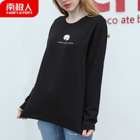 南极人 女士长袖T恤女春秋长袖圆领精梳棉套头汗衫 宽松潮流印花打底衫 黑色 自由风L
