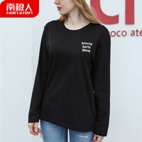 南极人 女士长袖T恤女春秋长袖圆领精梳棉套头汗衫 宽松潮流印花打底衫 黑色 环球行2XL