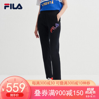 FILA（斐乐）官方女子针织长裤2020夏季新款宽松休闲裤直筒时尚运动裤 正黑色-BK 180/78A/XXL