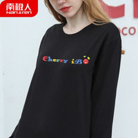 南极人 女士长袖T恤女春秋长袖圆领精梳棉套头汗衫 宽松潮流印花打底衫 黑色 小樱桃M