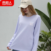 南极人 女士长袖T恤女春秋长袖圆领精梳棉套头汗衫 宽松潮流印花打底衫 浅紫 环球行2XL