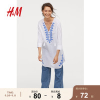 HM 女装上衣白色衬衫裙时尚休闲宽松刺绣裙衫气质连衣裙女0691255
