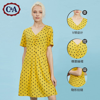 C&A复古收腰波点裙子V领法式连衣裙女士2020新款夏季CA200227342