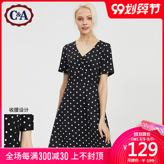 C&A复古收腰波点裙子V领法式连衣裙女士2020新款夏季CA200227342