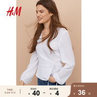 HM 女装衬衣女时尚气质衬衫休闲V领裹身复古长袖女上衣 0748856