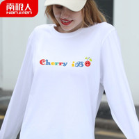 南极人 女士长袖T恤女春秋长袖圆领精梳棉套头汗衫 宽松潮流印花打底衫 白色 小樱桃S