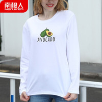 南极人 女士长袖T恤女春秋长袖圆领精梳棉套头汗衫 宽松潮流印花打底衫 白色 牛油果S