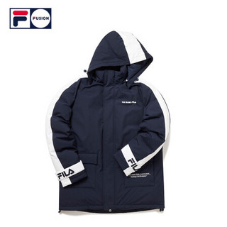 FILA Fusion 斐乐官方男子羽绒服冬季侧边条纹外套潮流连帽羽绒服 藏青色-NV（宽松版型，建议拍小一码） 165/88A/S