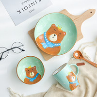 川岛屋 可爱动物创意陶瓷儿童餐具宝宝碗吃饭碗卡通碗盘子早餐盘 大熊杯子