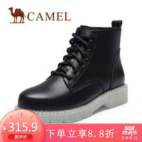 骆驼（CAMEL）女鞋 前卫有型牛皮双缝线圆头系带中跟马丁靴 A040076266 黑色 35