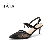 Tata/他她夏专柜同款拼接水钻尖头一字带高跟女凉鞋ILF01BH9