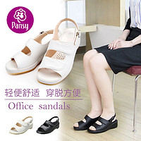 Pansy日本夏季白色凉鞋时尚护士凉鞋防滑坡跟厚底黑色女鞋5303