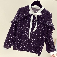 米兰茵（MILANYIN）女装 2019夏季新款韩范荷叶边波点雪纺衬衫女长袖宽松洋气上衣 MLYH1398 黑色 L