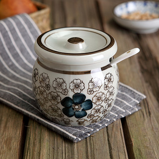 创意日式和风陶瓷调味罐釉下彩手绘盐罐糖罐套装仿古青釉送勺