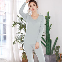 都市丽人保暖衣睡衣女2020秋冬女士保暖内衣简约圆领纯色秋衣秋裤打底套装2W8107 淡银灰 L