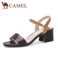 骆驼（CAMEL） 女士 时尚都市牛皮拼接撞色粗跟方头一字带凉鞋 A020076178 黑/土黄 36