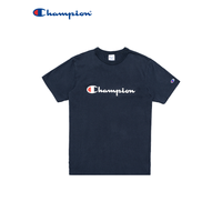 Champion情侣款夏季印花草写LOGO圆领短袖T恤男女 藏青色 S