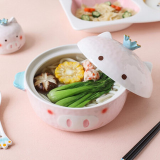 川岛屋 日式泡面碗带盖大号陶瓷学生宿舍便当饭盒可爱创意家用分格儿童餐具盘子 小猪杯