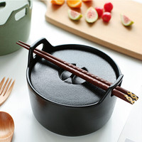 川岛屋 日式复古竹青色陶瓷双耳带盖泡面碗汤碗汤盅炖盅盖碗W-67 黑色
