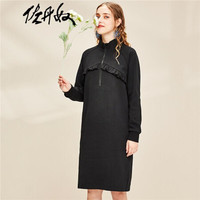 佐丹奴(Giordano) 连衣裙 连衣裙秋冬休闲女拉链半开襟花边卫衣裙13469812 09标志黑色 中码