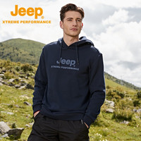 Jeep连帽卫衣男 户外防风保暖男士卫衣加厚长袖t恤运动休闲抓绒套头上衣男 4359 藏青 2XL(185)