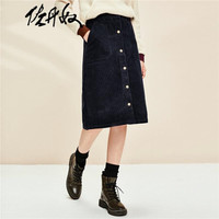 佐丹奴（Giordano） 半身裙 彼尔梦  裙灯芯绒棉质单排扣贴袋半身裙13460802 66标志海军蓝 大码