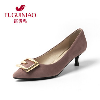 富贵鸟（FUGUINIAO）女单鞋细跟增高反绒皮鞋女士浅口尖头百搭休闲鞋FGA20XD003 粉色 35