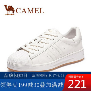 骆驼（CAMEL）女鞋 青春休闲牛皮贝壳头车缝线平跟小白鞋 A03517608 白色 38