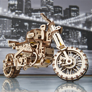 进口乌克兰ugears木质机械传动车模型组装玩具拼装立体diy生日礼物男孩创意挎斗摩托车 彩纸包装 未拼装